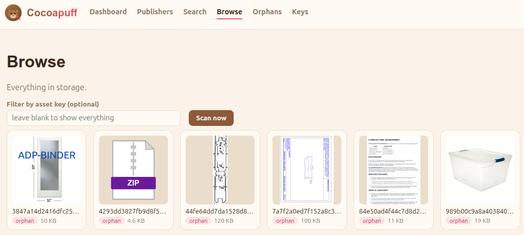 Cocoapuff's Browse screen: a filterable, thumbnail-grid view of everything in storage, each item tagged with its ownership status