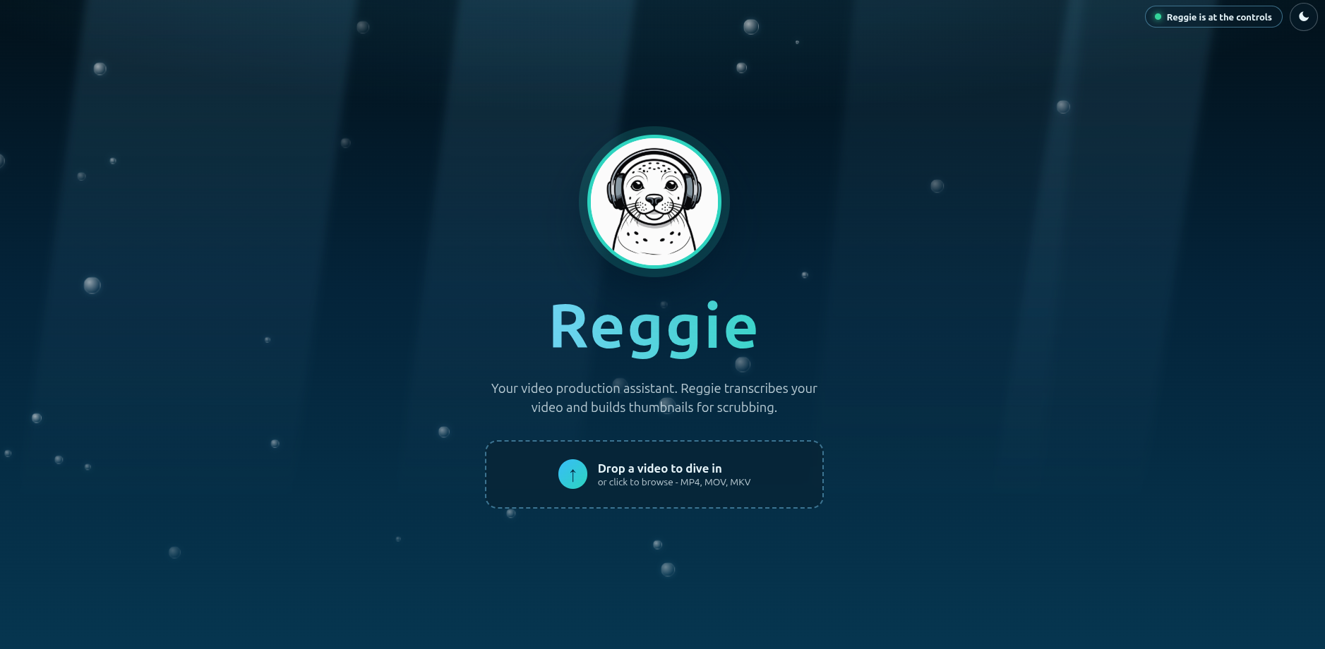 Reggie's landing screen with a seal mascot, the tagline 'Your video production assistant,' and a drag-and-drop area for uploading a video