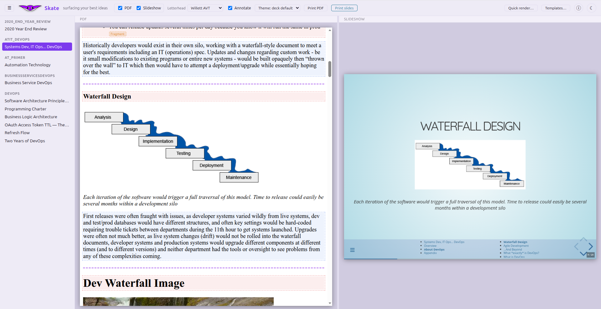 Skate's editor showing a document library sidebar, a live rendered PDF preview, and a matching slideshow preview open side by side