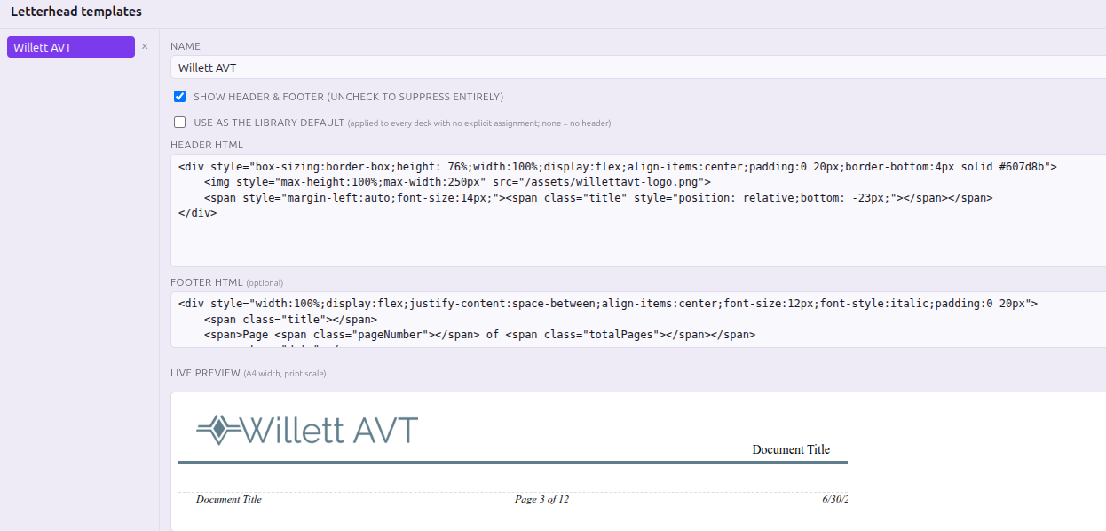 Skate's letterhead template editor with header and footer HTML fields next to a live print-scale preview of the branded page