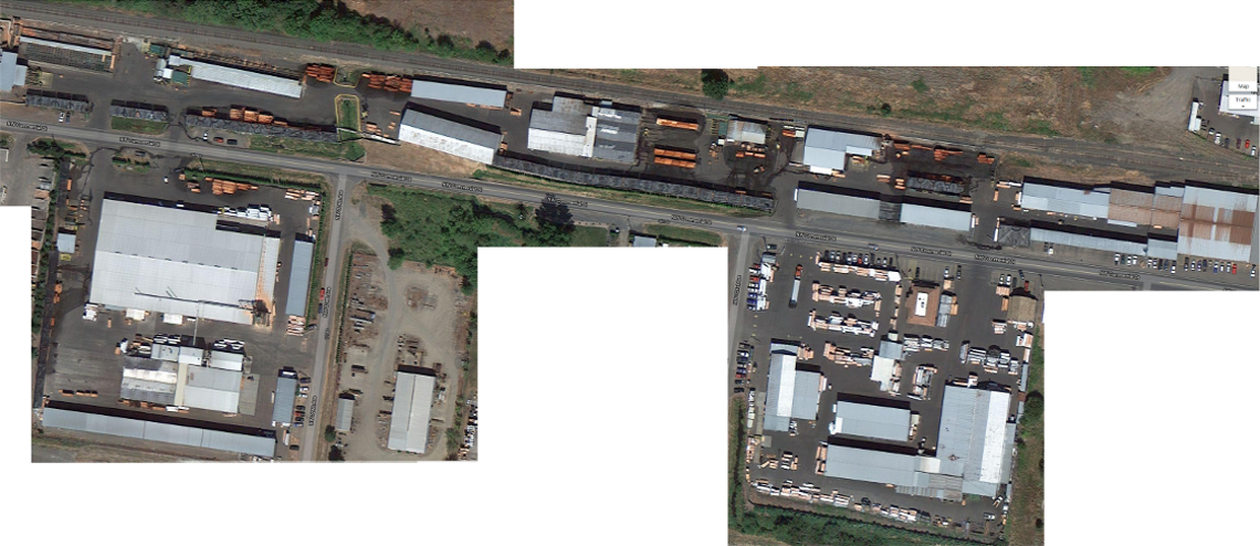 Aerial view of the yard with controller pins placed on the lumber stacks